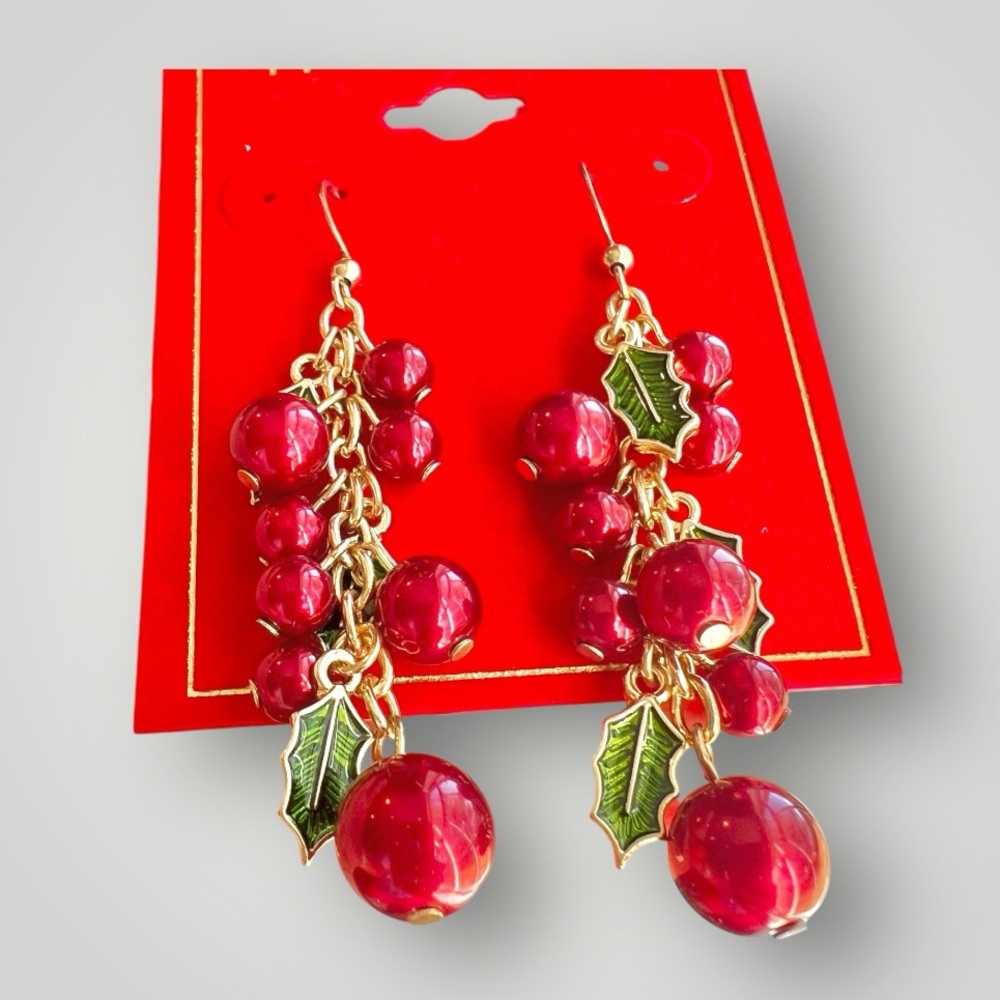 Drop Earrings Gold Tone Red Bead Green Enamel Mistletoe Holiday Lane Gift New - Picture 9 of 9